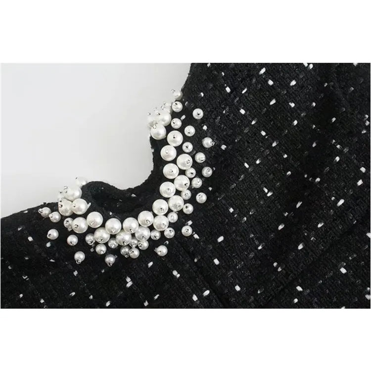Women Sexy Waist Hollow Out Pearl Appliques Tweed Woolen Slim Mini Dress Female Chic Back Zipper Sling Vestidos