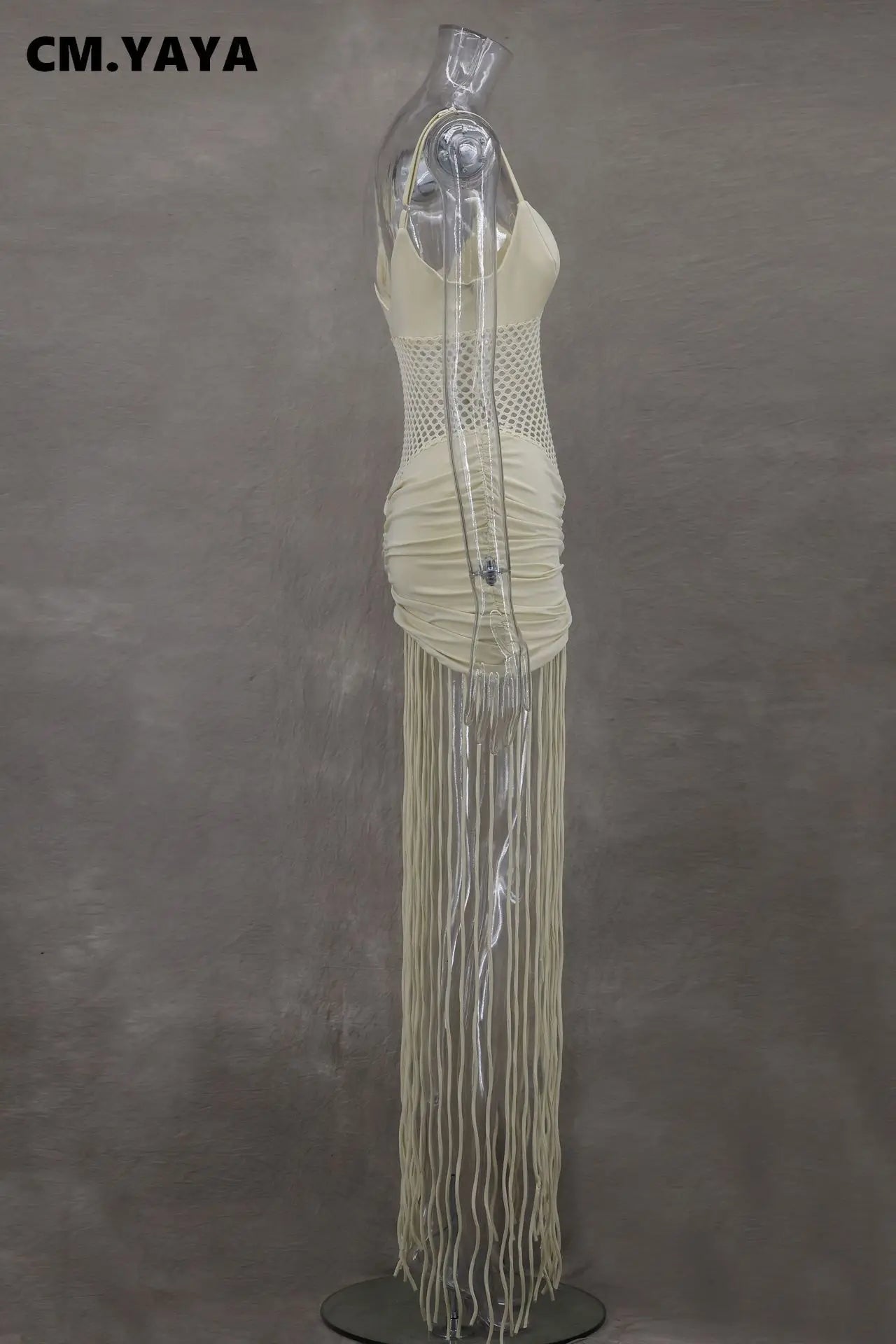 CM.YAYA Women Spaghetti Strap V-neck Sleeveless Tassel Hollow Out Midi Maxi Dress Sexy Birthday Night Party Vestidos Dresses