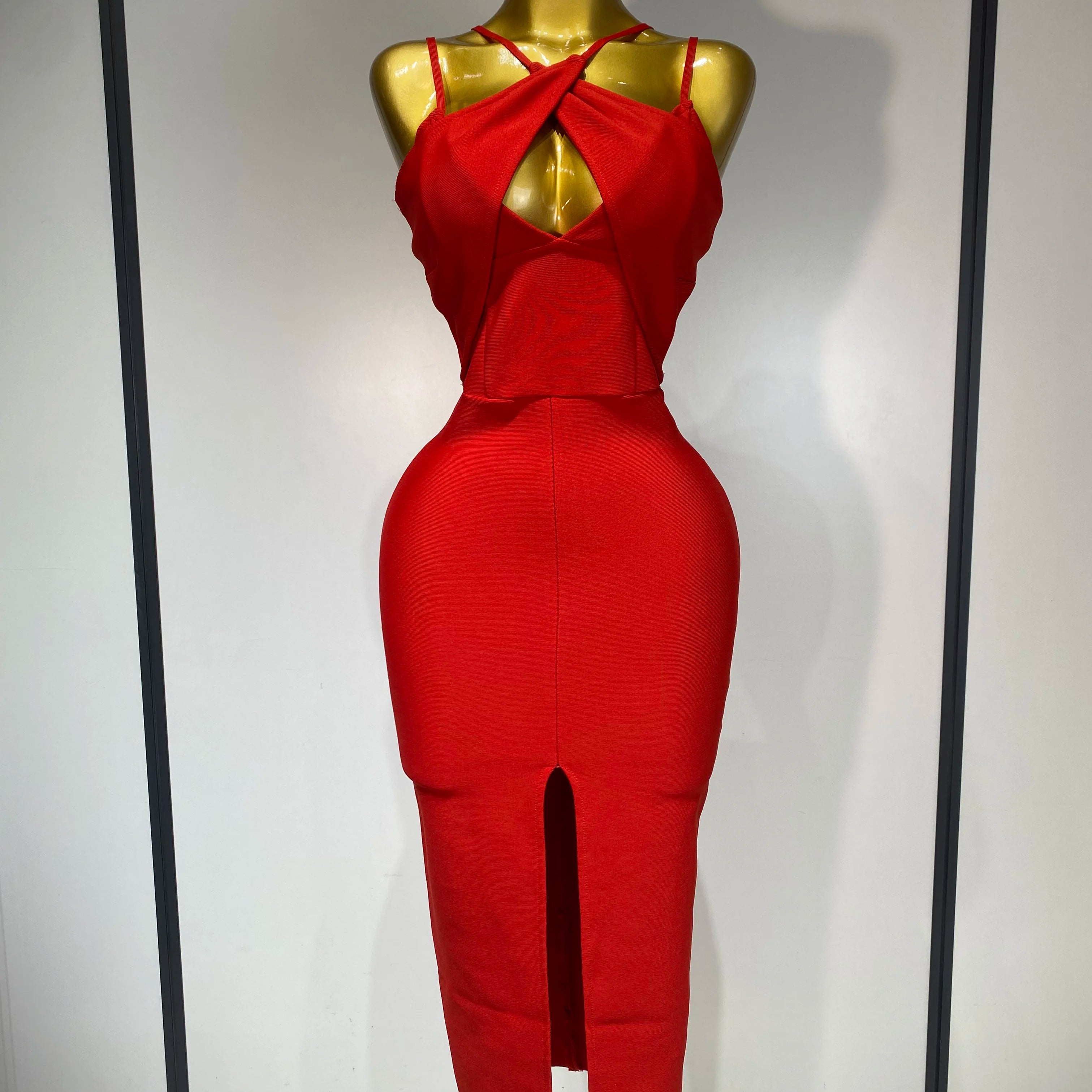 Women Sexy Sleeveless Hollow out Split Backless Red Midi Bandage Dress 2025 Celebrity Elegant Evening Luxury Birthday Dresses