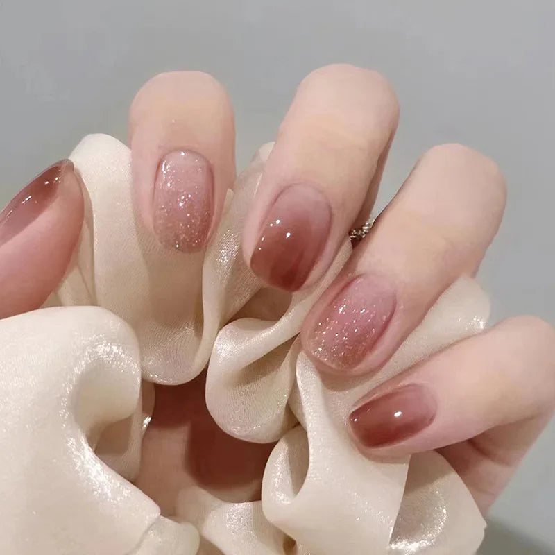 24Pcs Simple Short Gradient Nail Art with Jelly Glue Elegant Ballet Square Wearable False Nails Glitter Sweet Acrylic Nails Set