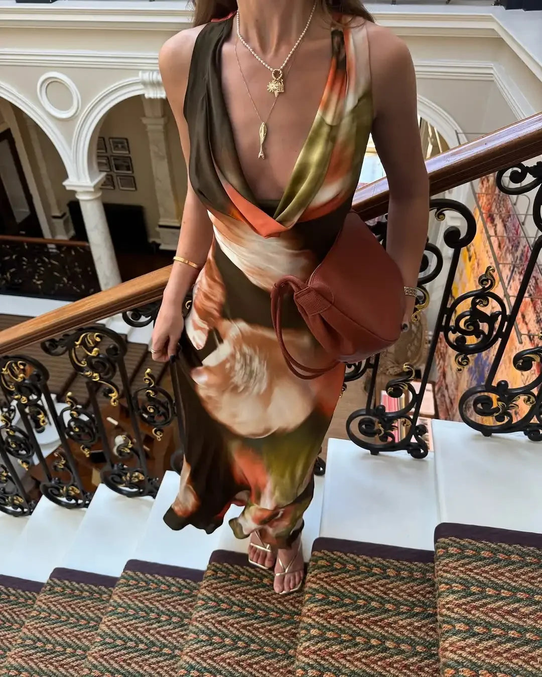 Women Tie Dyed Print Ruffles Maxi Dress Elegant Swing Neck Slim Fit Maxi Dresses Sexy Open Back Summer Evening Party Gowns 2025