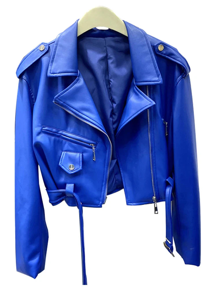 Spring Autumn Short Blue Soft Pu Leather Biker Jacket Women Zipper Long Sleeve Belt Cool Luxury Designer Clothes 2022