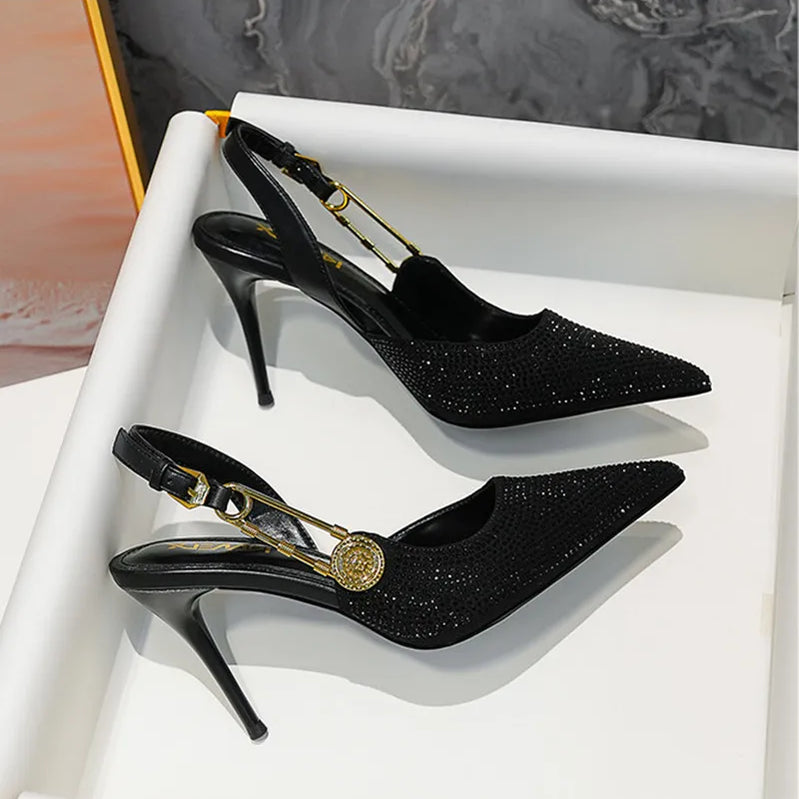 Luxury Rhinestones Sequined Buckle Women Pumps Elegant Pointed toe Slingbacks Stiletto High heels Spring Summer Fashion Shoes