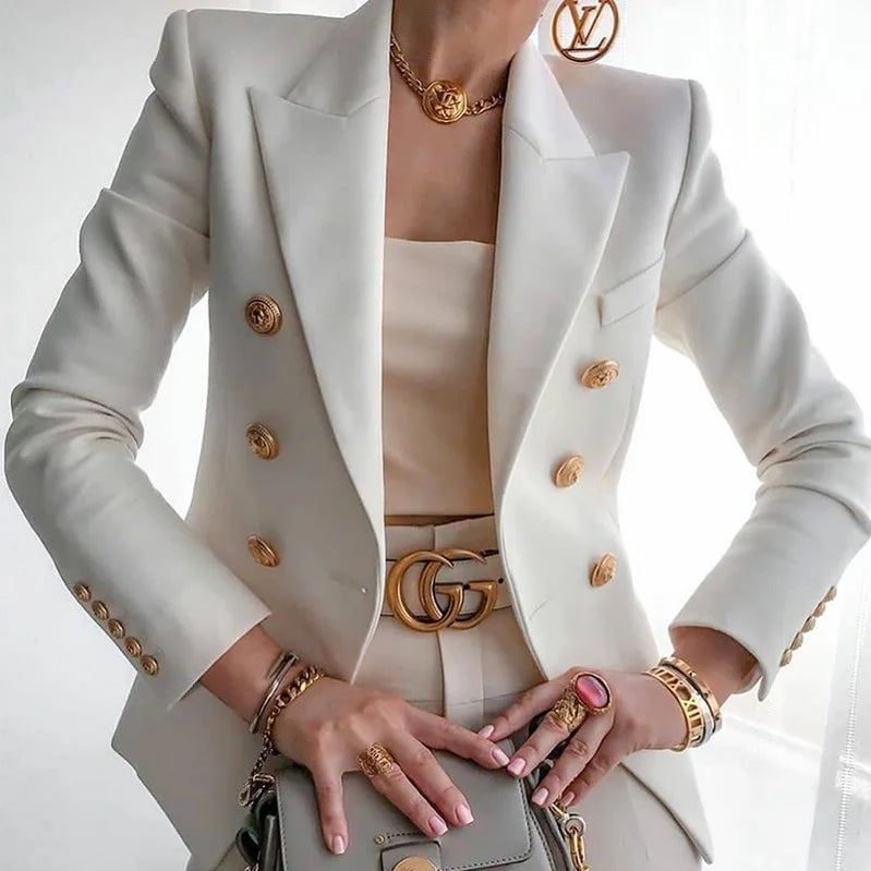 Women Blazer Double Breasted Solid Color Slim Long Sleeve Business Casual Fashion Short Coat Office Ladies Female Suit Jacket WHITE