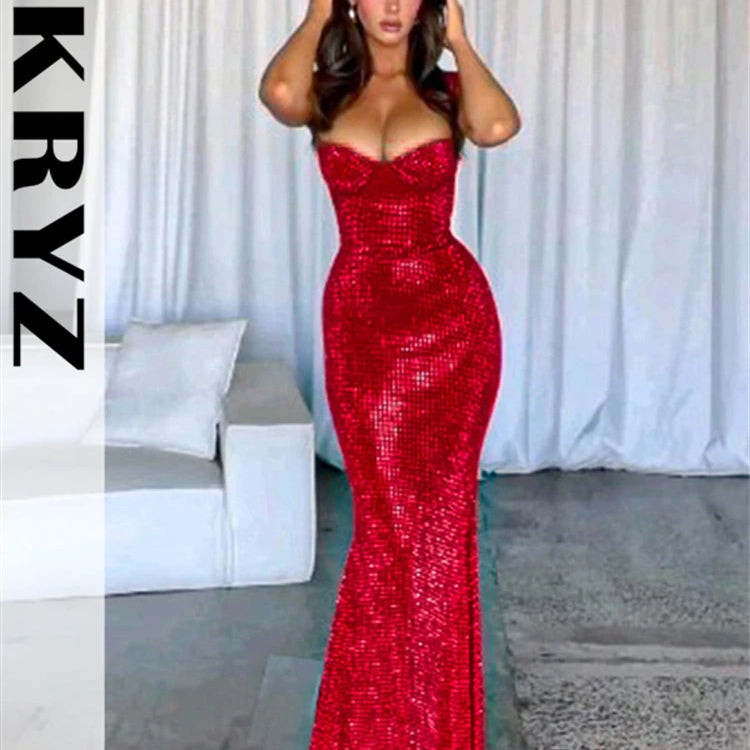 Ladies Sequins Sling Low Cut Evening Dress Women Sleeveless Backless Tight Fitting Maxi Dresses Female Evening Party Outfits