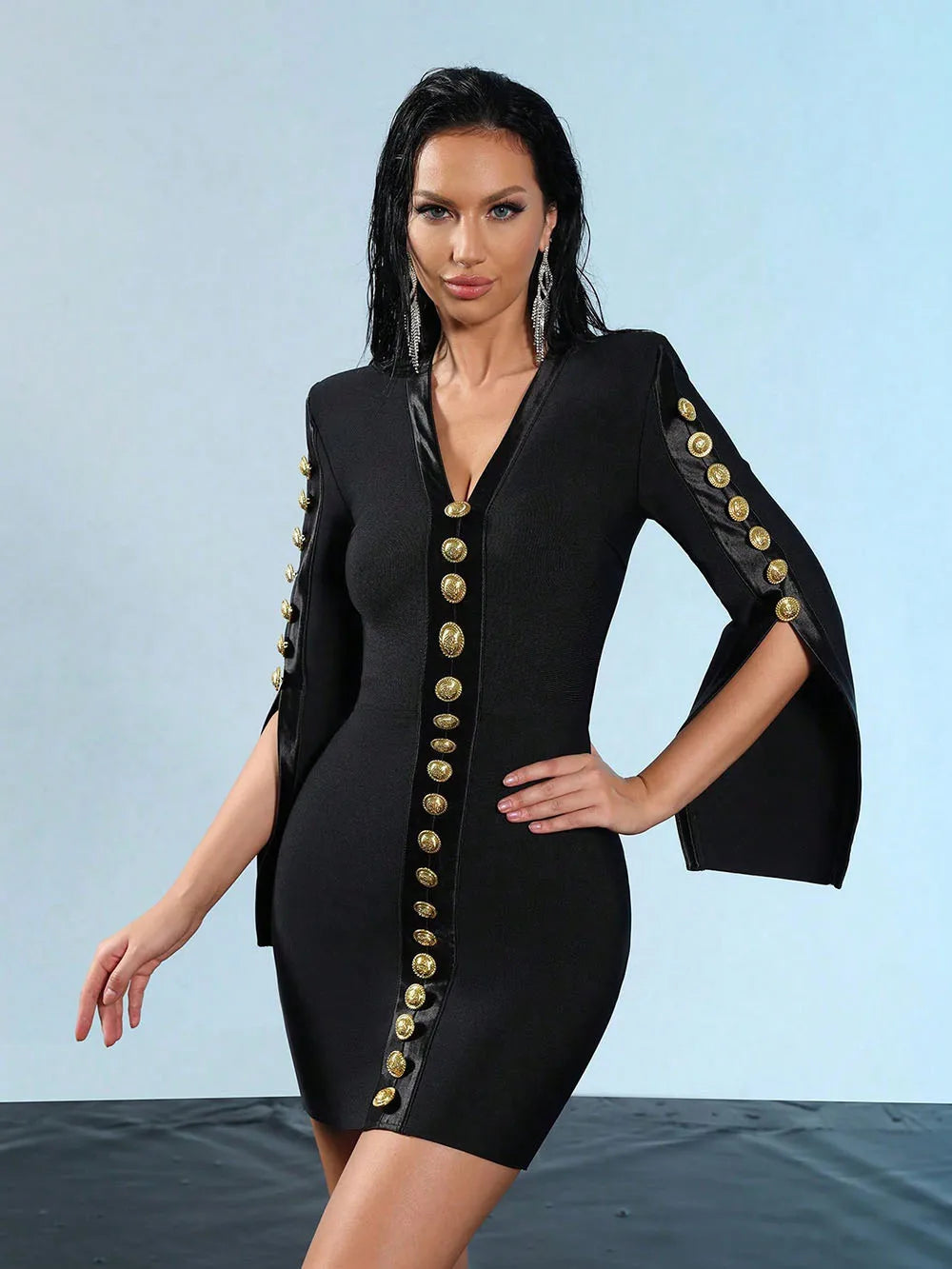2025 New Women V Neck Bandage Dress Black Sexy Long Sleeve Button Bodycon Club Celebrity Elegant Evening Mini Party Dresses