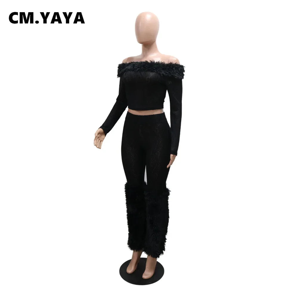 CM.YAYA 2025 Spring Women's Set Long Sleeve Fur Slash Neck T-shirt + Pants Sexy Streetwear Two 2 Piece Sets Outfits Tracksuit