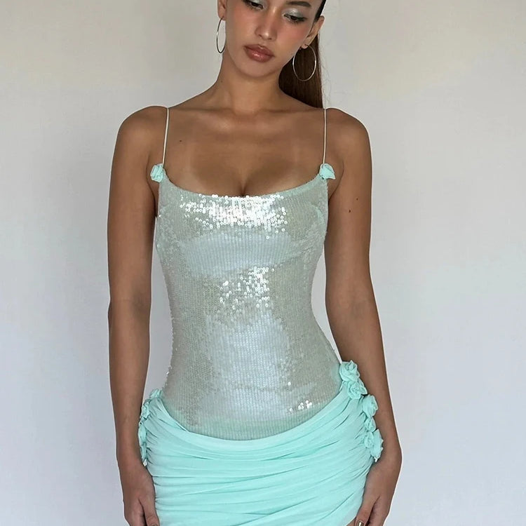 VC Sparkling Sequin Embellished Strappy Mini Dress for a Glitzy Party Night Gown