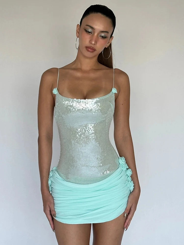 VC Sparkling Sequin Embellished Strappy Mini Dress for a Glitzy Party Night Gown