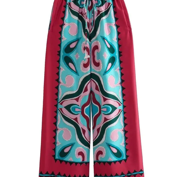 BlingBlingee Summer Printed Women Wide Pants Satin Suits Traf Asymmetric Sleeveless Strapless Crop Top Female Sets Y2K Only Pants