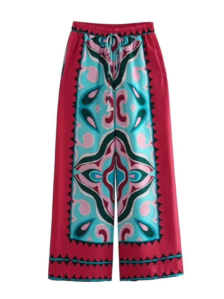 BlingBlingee Summer Printed Women Wide Pants Satin Suits Traf Asymmetric Sleeveless Strapless Crop Top Female Sets Y2K Only Pants