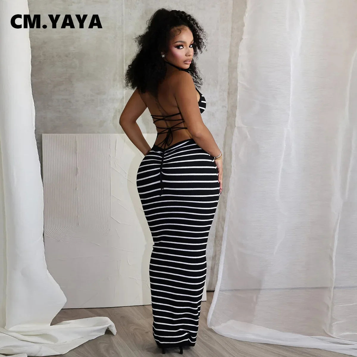 CM.YAYA Women Sleeveless O-neck Halter Backless Long Dress Summer Striped Print Evening Sexy Night Club Party Dresses Vestidos