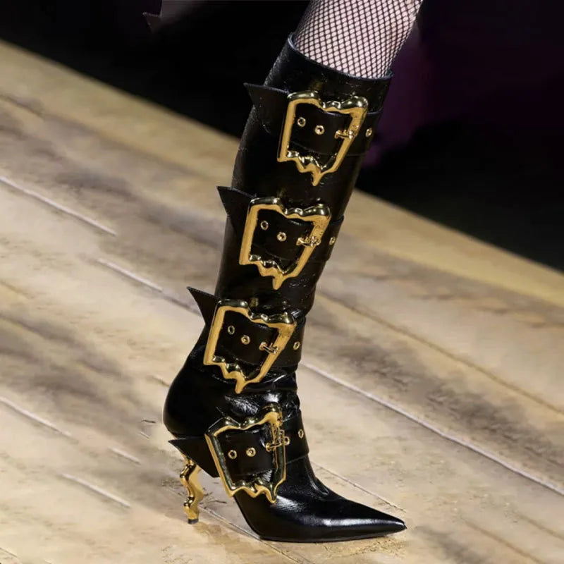 Outono e inverno novo design de fivela de ouro botas de joelho moda elegante dedo do pé apontado salto alto tornozelo marca tamanho grande 43 44