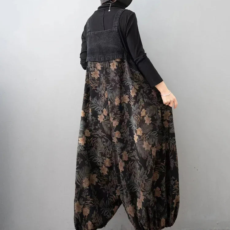 Spring Vintage Streetwear Womens Plus Size Printed Jeans Denim Overalls Ladies Floral Harem Pants Casual Trousers