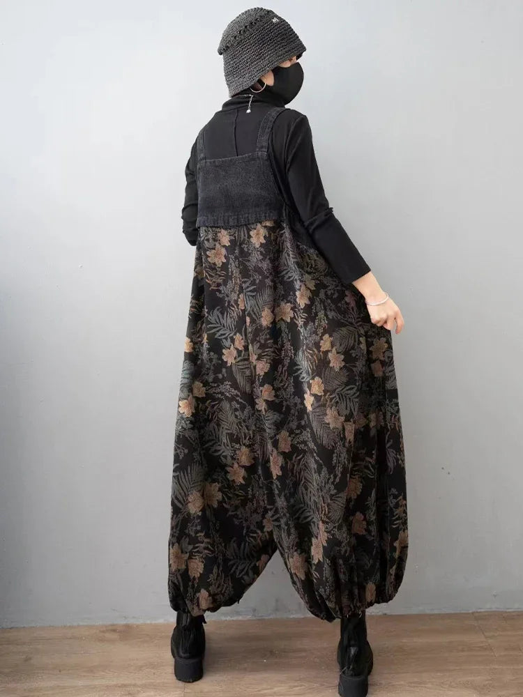 Spring Vintage Streetwear Womens Plus Size Printed Jeans Denim Overalls Ladies Floral Harem Pants Casual Trousers