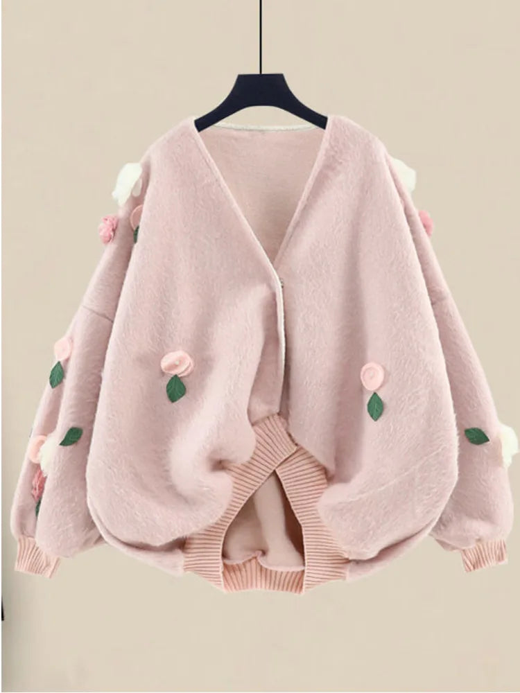 Women Spring Two Pieces Sets Korean Long Sleeve Knitted Sweater Cardigan And Ruffles Patchwork Mesh Long Dress Suit