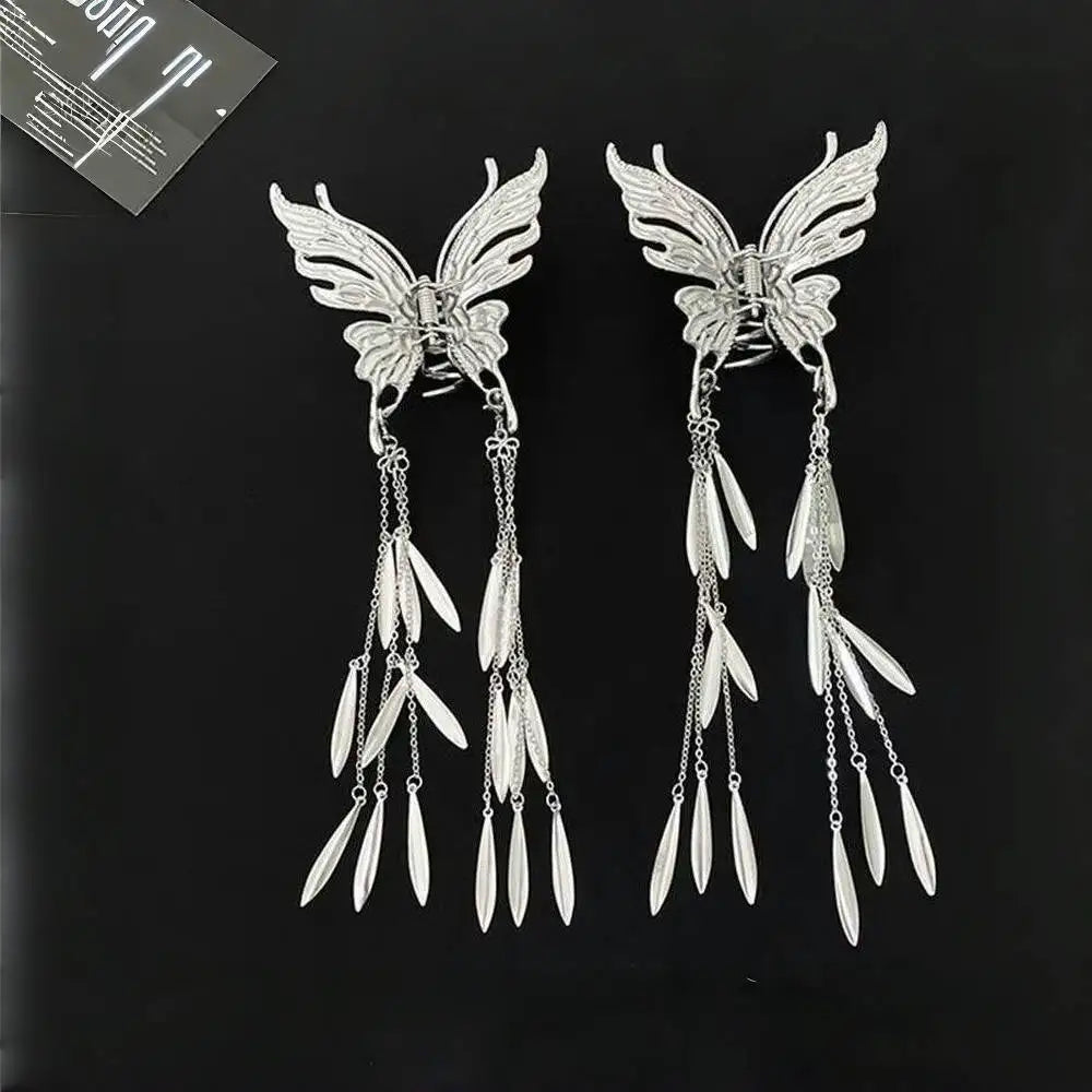 Butterfly Hair Clip Silver Hairpin New Chinese Trendy Claw Clips Woman Girls Styling Barrette Headdress Hollow Tassel Hair Clip Butterfly tassel