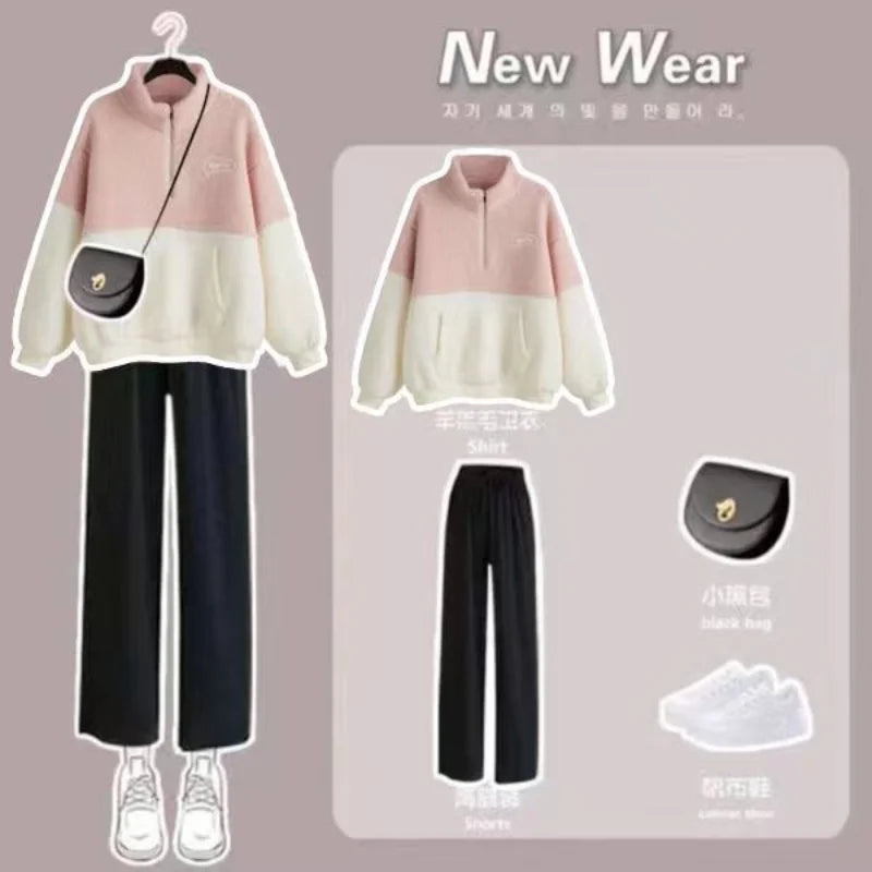 Velvet and Thickened Lamb Hair Outer Set for Women's Autumn and Winter New Korean Casual Wide Leg Pants Fashion Two Piece Set Two-piece suit 05