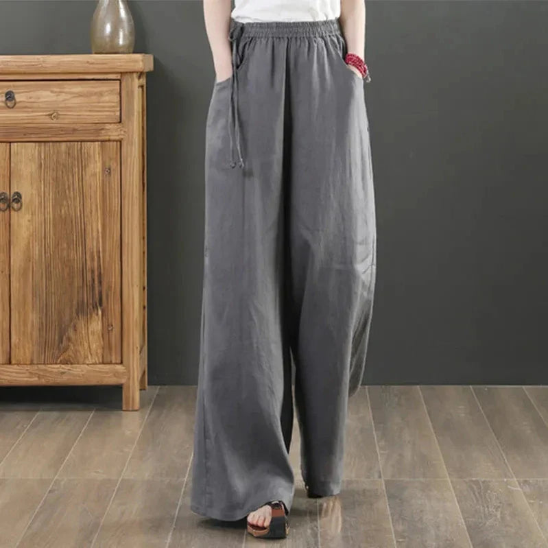 Cotton Linen Wide Leg Pants 4xl Big Size Trousers Women Summer Elastic Waist Casual Ankle-length Pantalones Baggy Sweatpant gray