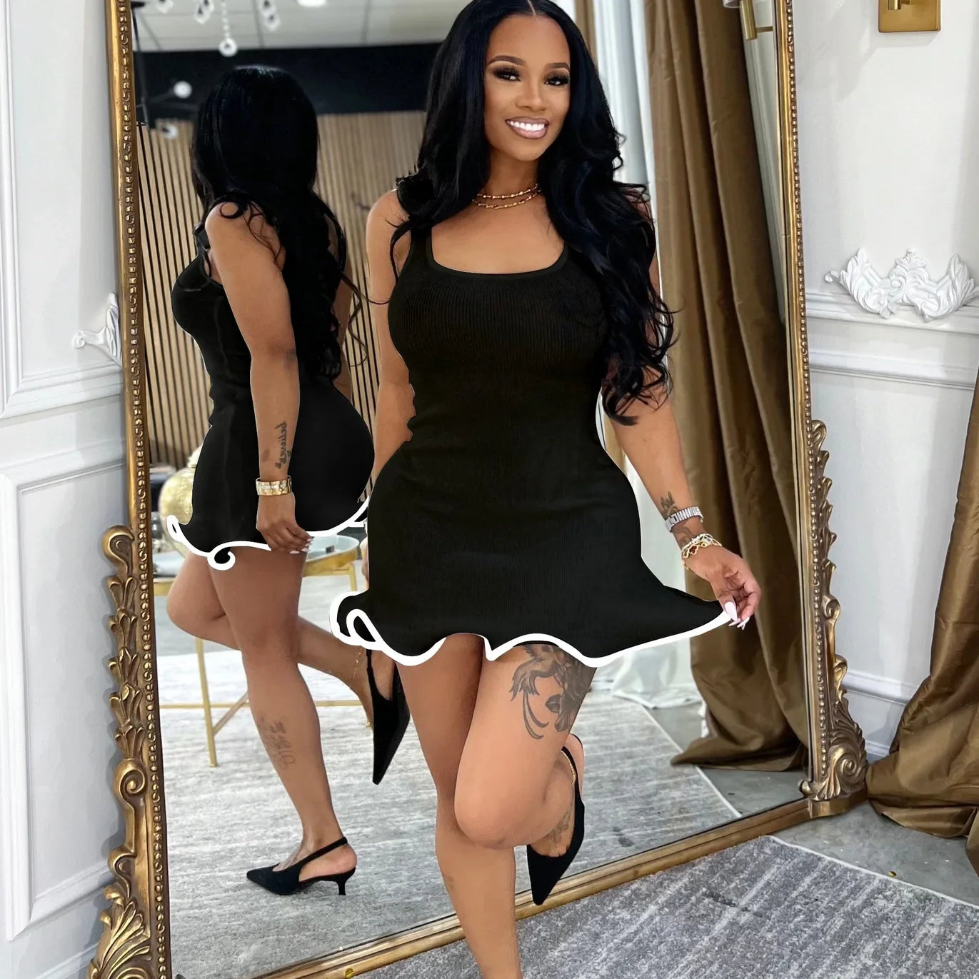 CM.YAYA Women Sleeveless O-neck Tank Mini Dress 2025 Summer Slim Sexy Sweet Club Party Evening High Street Ruffles Dresses black