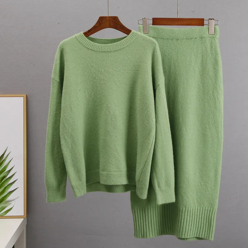 Soft Vintage Lace Up Women Suits 2 Pieces Female Sets with Belt V Neck Cardigan & Midi Dress Ladies Knitted TrackSuit Green(O Neck) Free Size