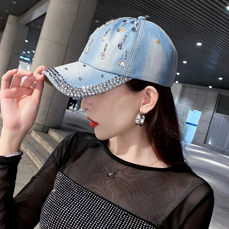 New Denim Hip Hop Caps Fashion Leisure Woman Cap With Water Drop Rhinestones Vintage Jean Cotton Baseball Caps For Men Hot Sale