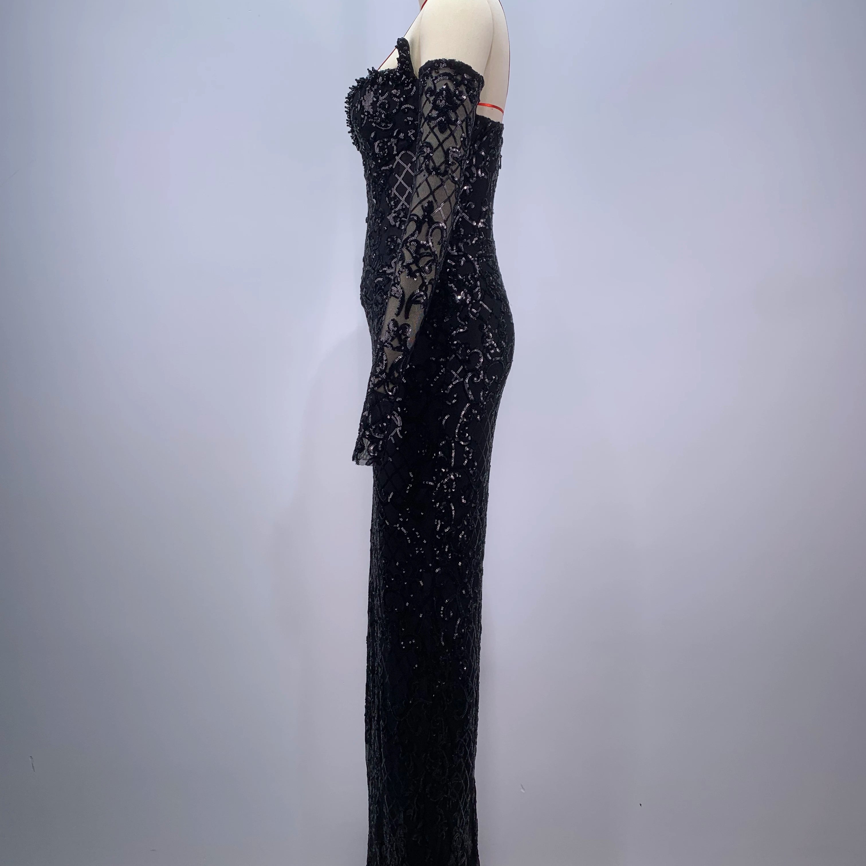 Vestido longo preto feminino, sexy, com lantejoulas brilhantes, fenda alta, justo, luvas, comemoração, festa à noite, baile