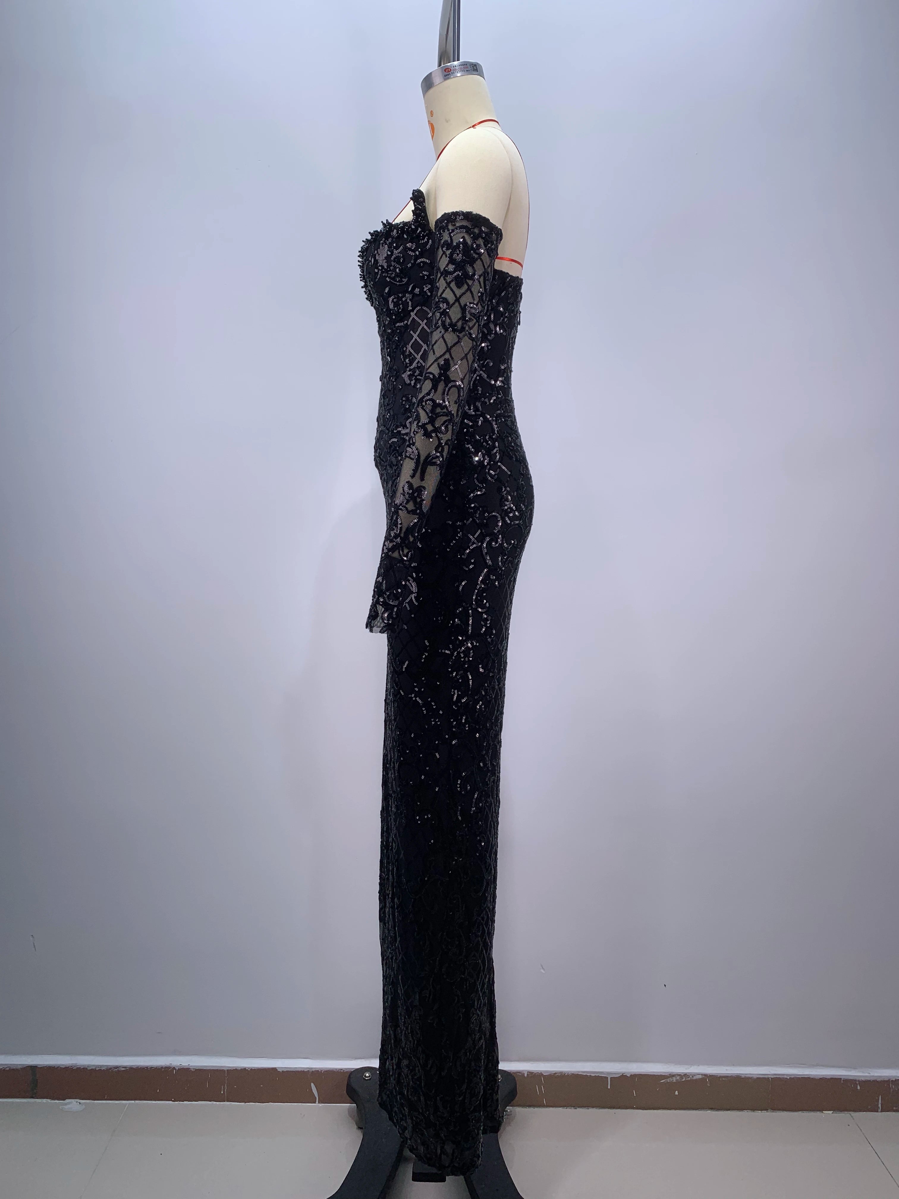 Vestido longo preto feminino, sexy, com lantejoulas brilhantes, fenda alta, justo, luvas, comemoração, festa à noite, baile