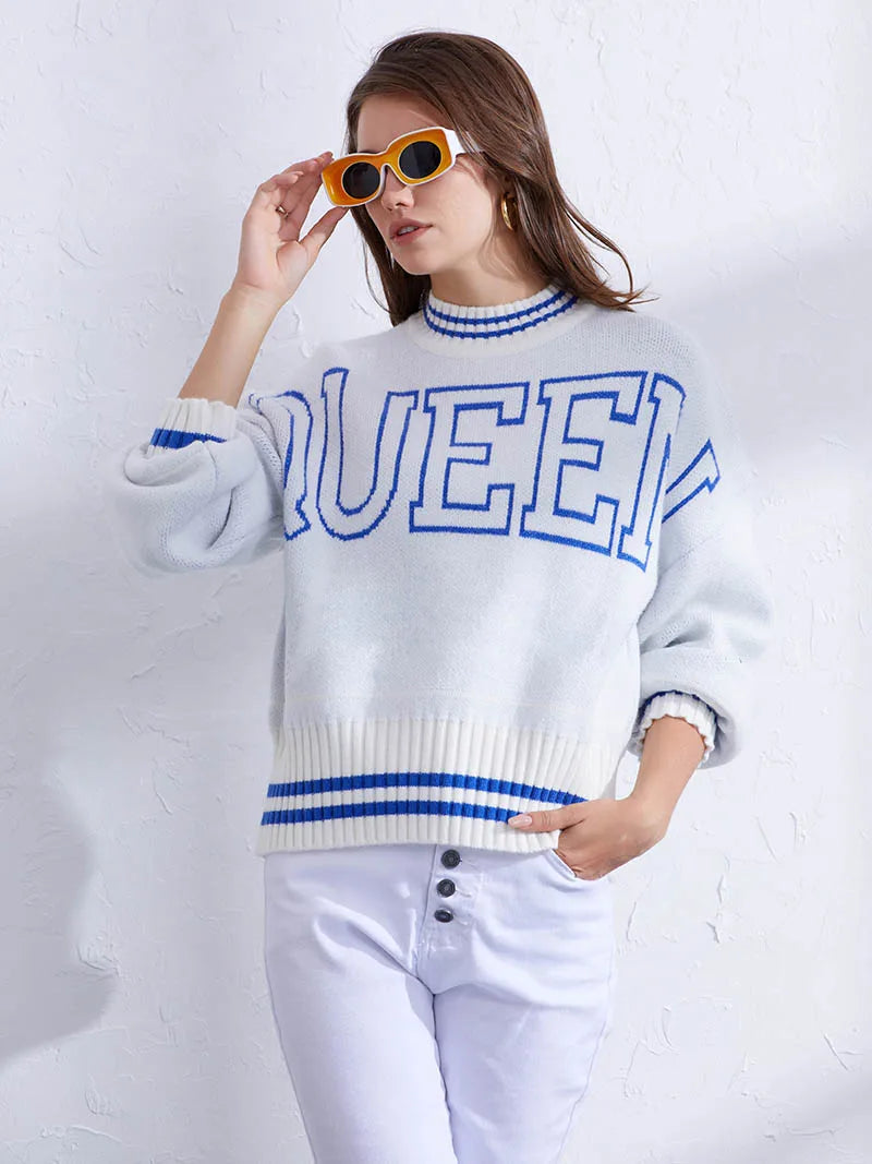 Oversized Knitted Sweater Women Vintage Knitwear Jumper Ribbed Striped Sweater Winter Warm Queen Graphic Sweaters For Women 2023 White