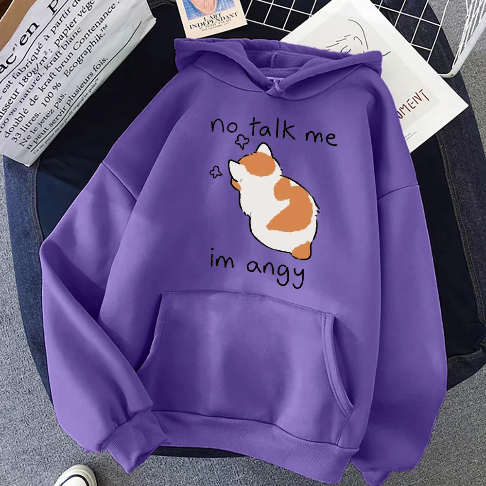 No Talk Me Cute Angry Cat Print Women Hoody Hip Hop Soft Sweatshirt Casual Fleece Sweatshirt Oversize Fleece Women Streetwear Purple