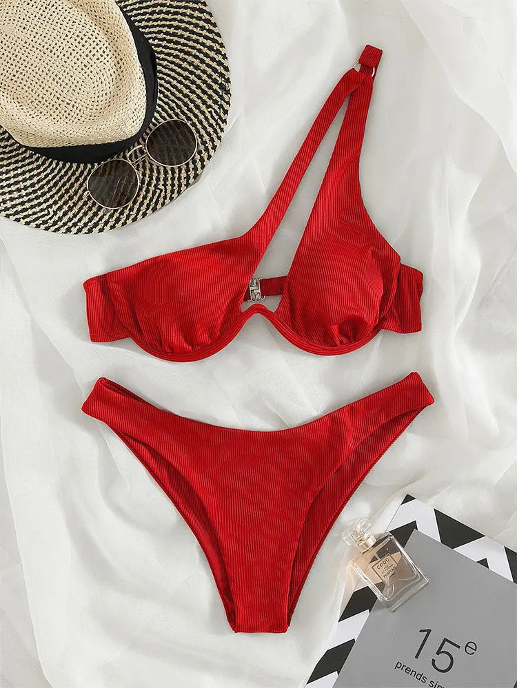 Sexy Bikinis Swimsuits Cut Out Women's Swimwear 2023 One Shoulder Biquini High Cut Bathing Suits Push Up Beach Bikini Set Red