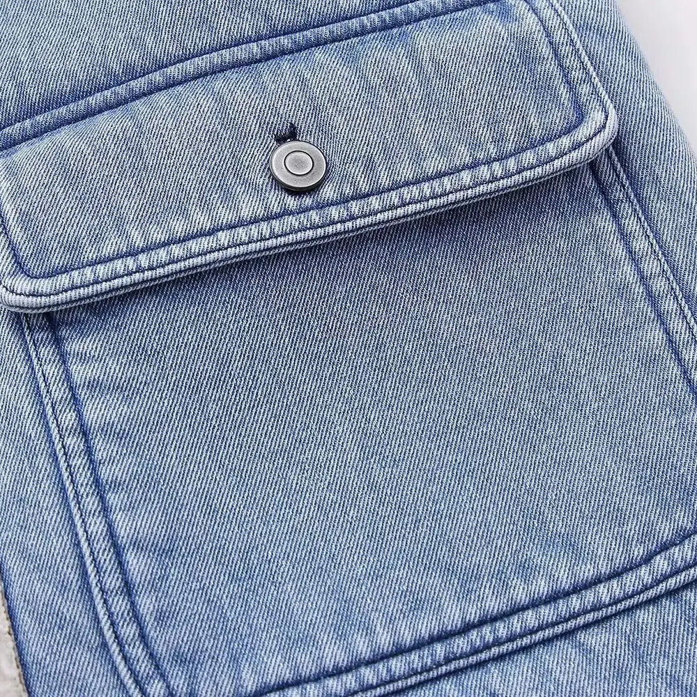 Women Fashion Turn Down Collar Lamb PatchworkWashed Denim Vest Jacket Female Sleeveless Pockets WaistCoat Tops