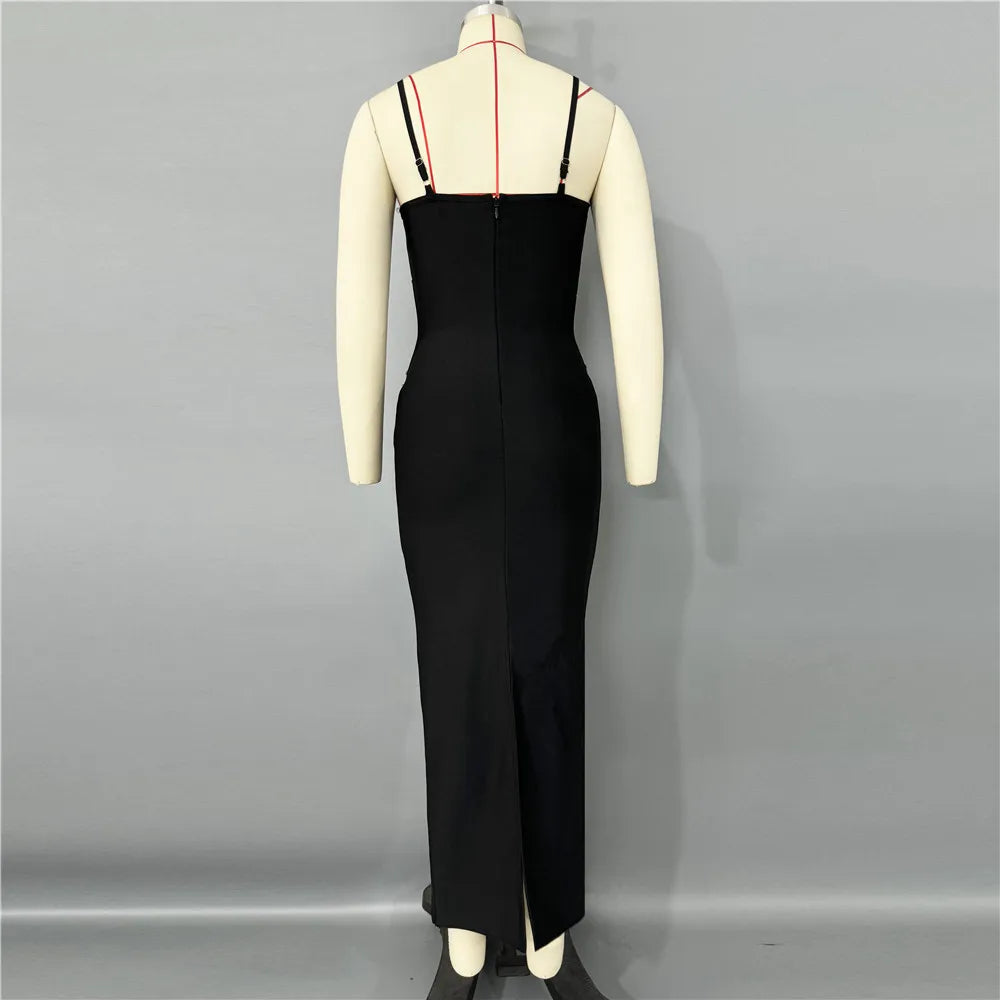 Black Color Women Sleeveless Sexy V-Neck Shinning Diamond Chain Bodycon Long Bandage Dress Evening Party Celebrate Outfit