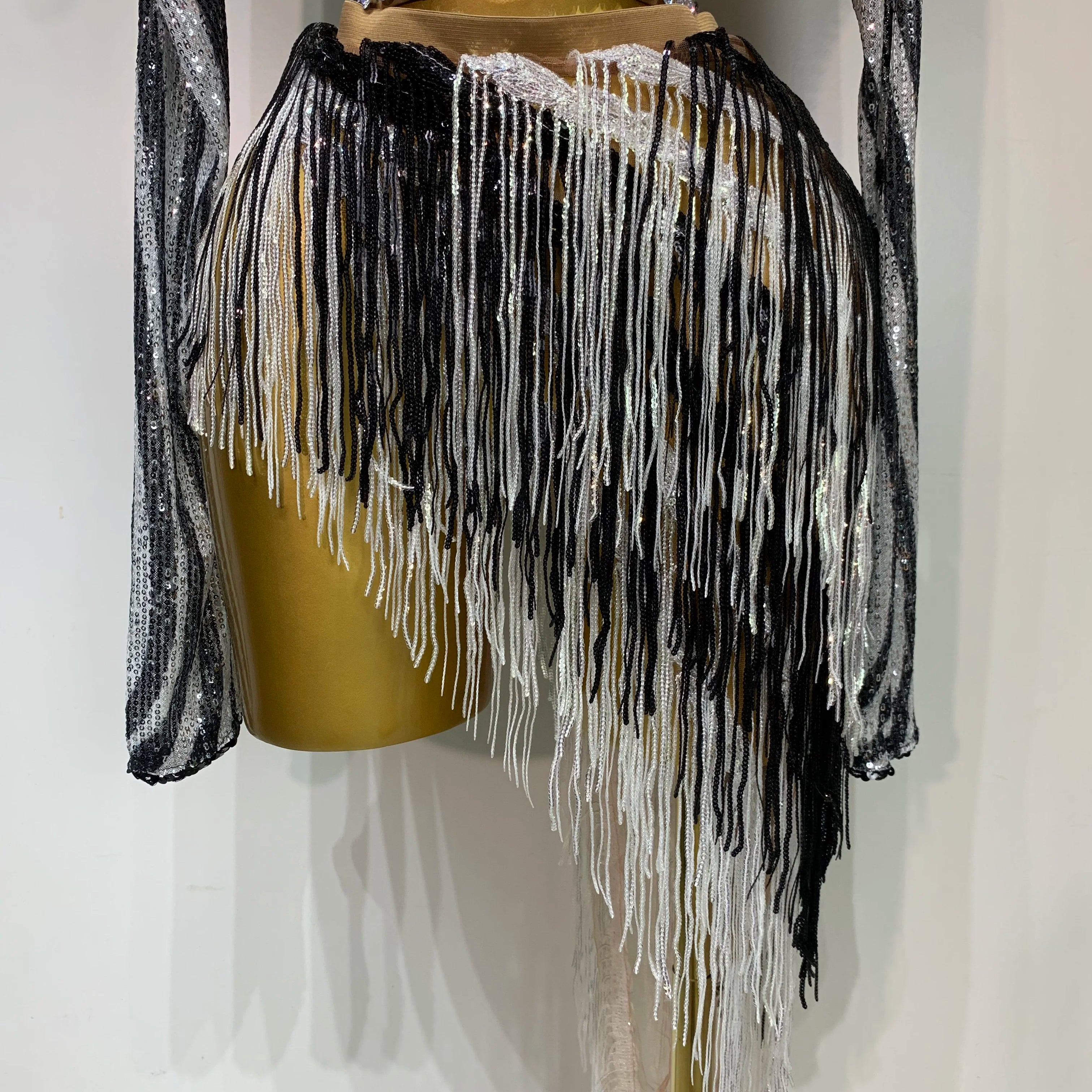 Sparkly Diamond Sequin Tassels Sexy Mesh Long Sleeved Two Piece Set Women Sexy Evening paty Birthday Nightclub Stage Costume