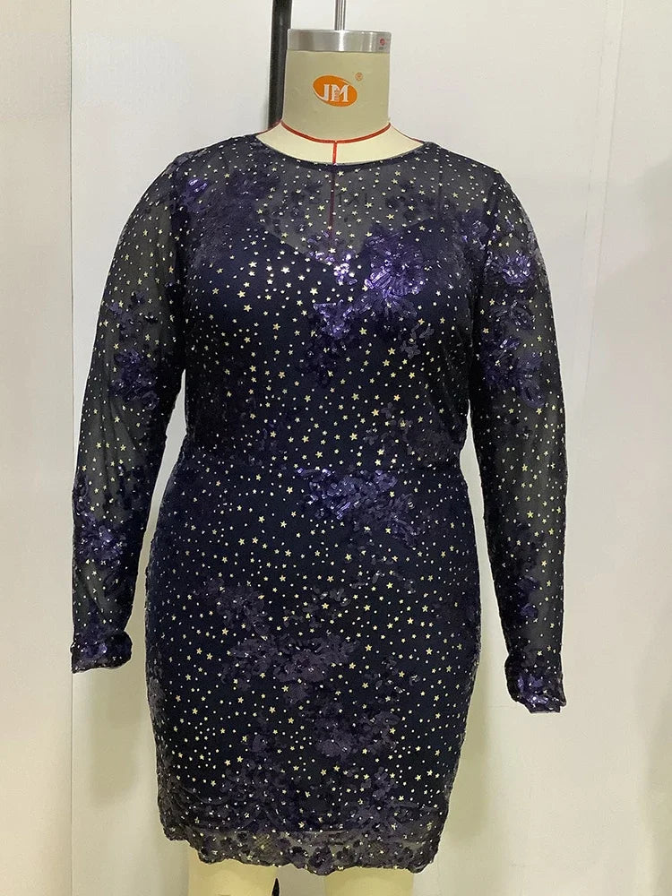 Sparkly Shiny Dresses for Women O Neck Long Sleeve Sequins Package Hip Sexy Mini Evening Birthday Party Plus Size Gowns 2024