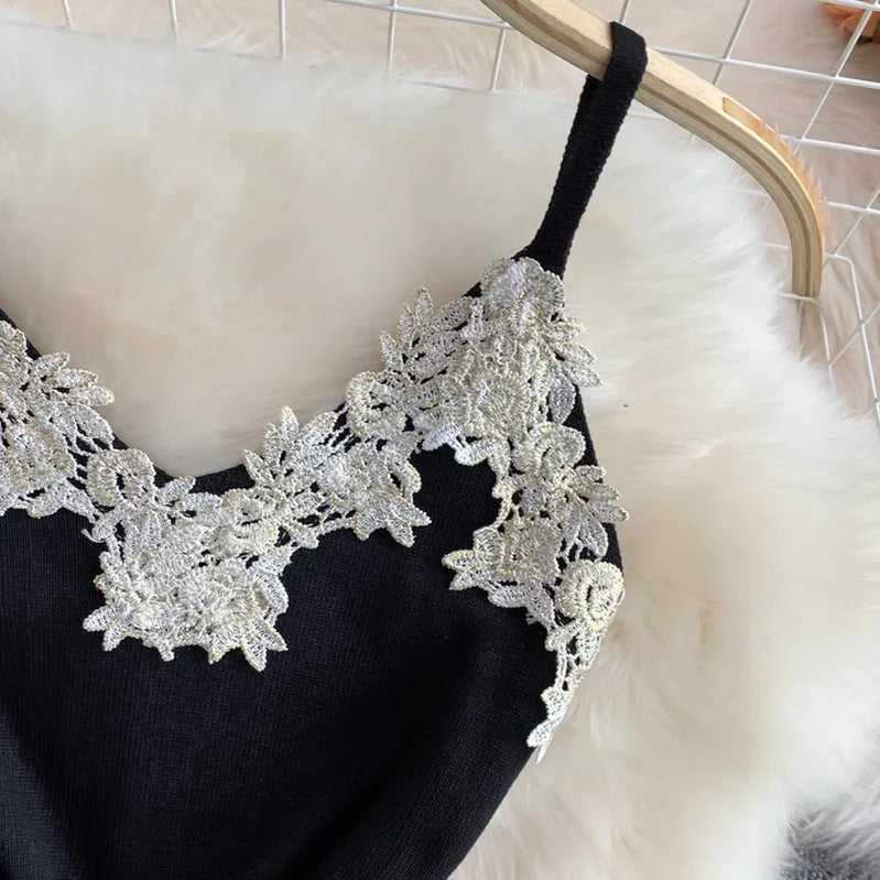 Chic Fashion Sexy Package Hips Lace Patchwork Knitted Summer Dress Women Black Mini Party Dress Streetwear Outfits