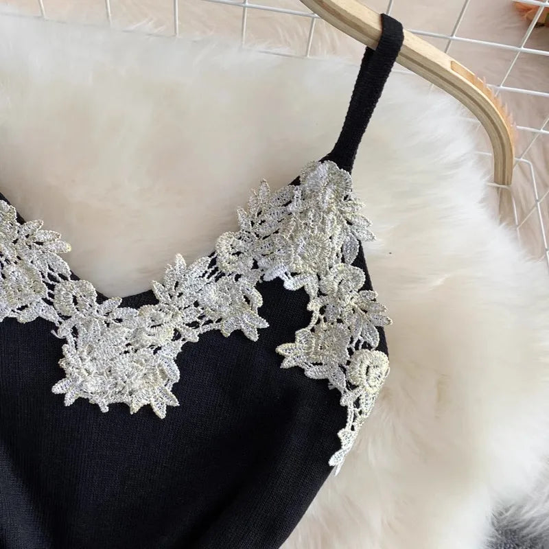 Chic Fashion Sexy Package Hips Lace Patchwork Knitted Summer Dress Women Black Mini Party Dress Streetwear Outfits