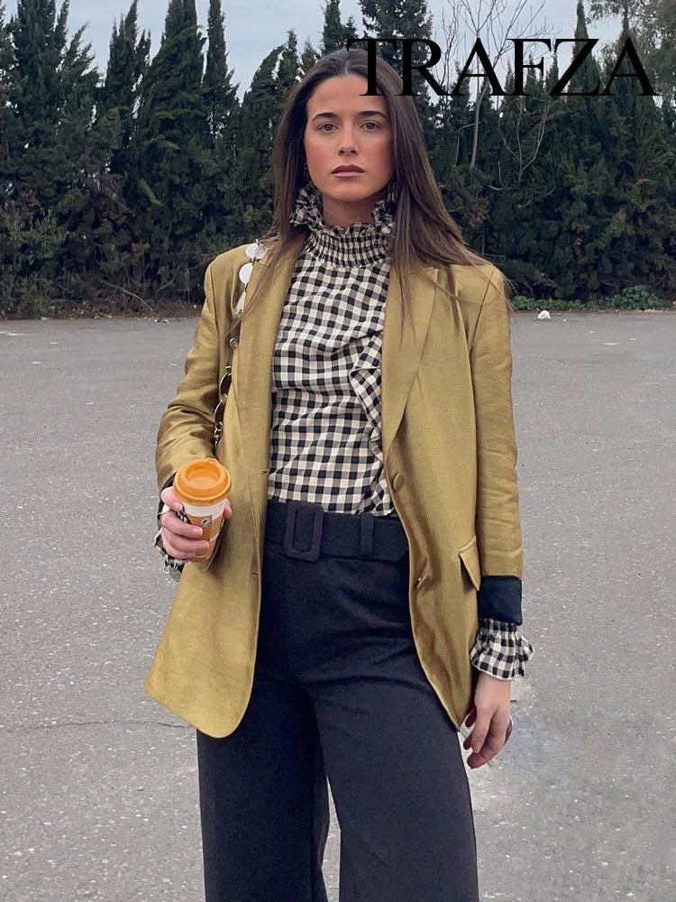 TRAFZA Autumn New Women's Fashion Gold Blazer Retro V Neck Party Long Sleeve Button Up Women's Pocket Casual Blazer Chic Top