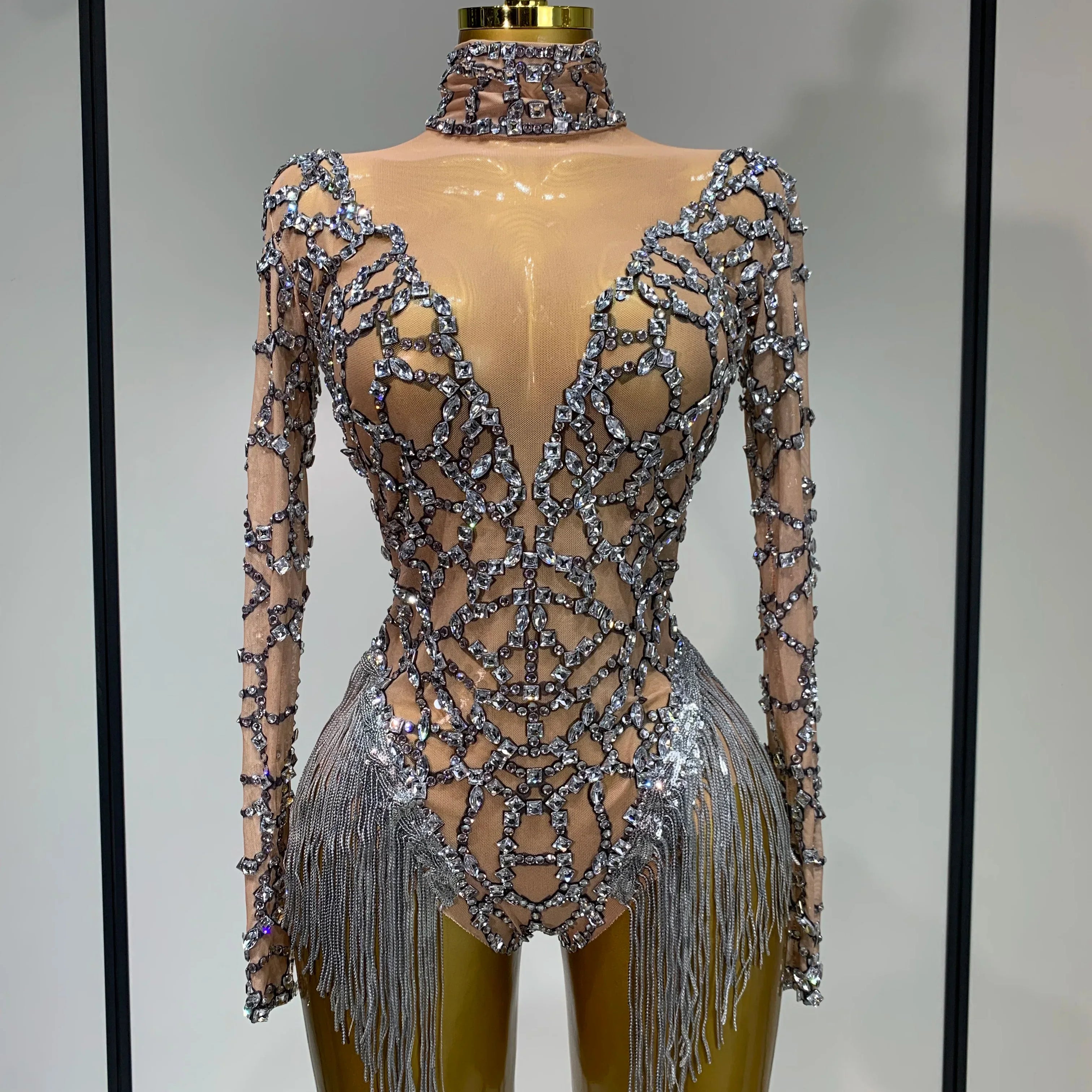 Shining Diamond Tassel Bodysuit Nightclub Stage Tight Mesh Long Sleeved  Nightclub Singer Performance Costume