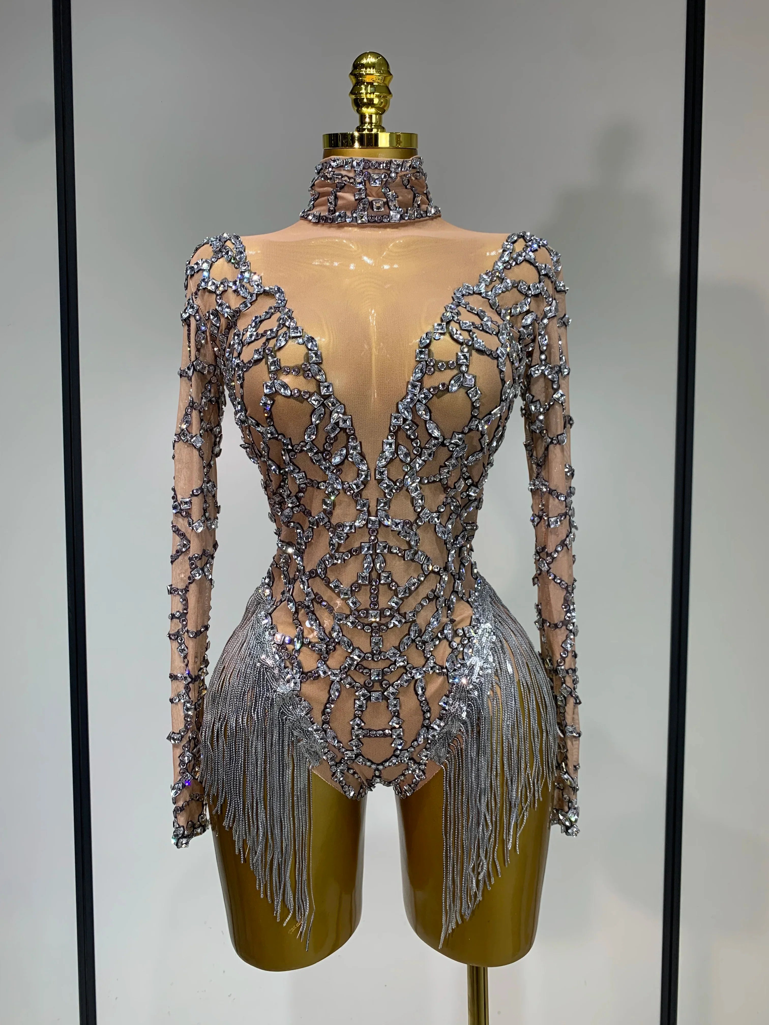 Shining Diamond Tassel Bodysuit Nightclub Stage Tight Mesh Long Sleeved  Nightclub Singer Performance Costume
