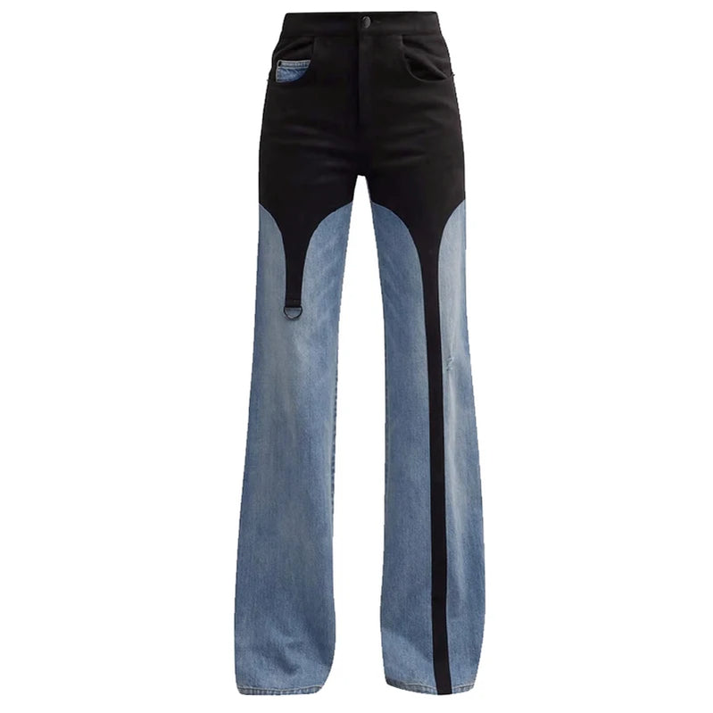Women's High Waisted Jeans Straight Leg Colorblock Spring Autumn Casual Denim Pants Blue