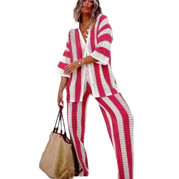 Summer Outfits for Women Vacation Hollow Out Sweater Shirt and Trouser Lady Casual Sexy Plus Size Sets 2 Piece Pants Sets Wide