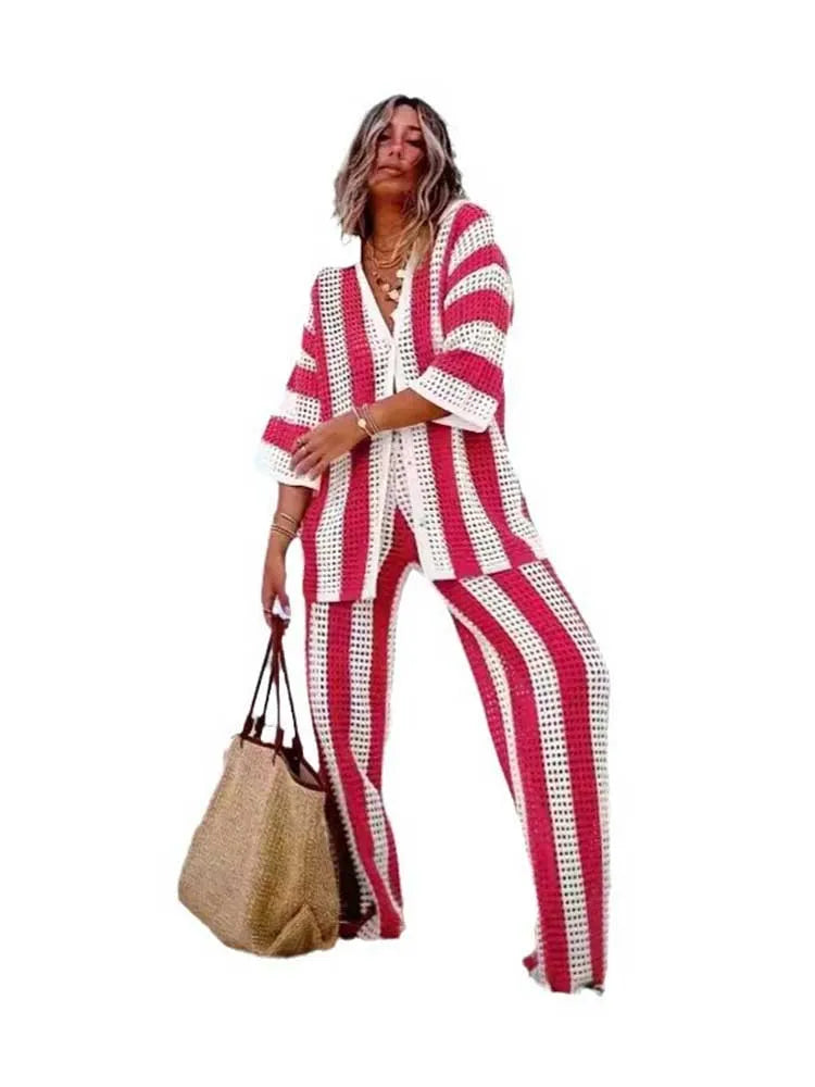 Summer Outfits for Women Vacation Hollow Out Sweater Shirt and Trouser Lady Casual Sexy Plus Size Sets 2 Piece Pants Sets Wide