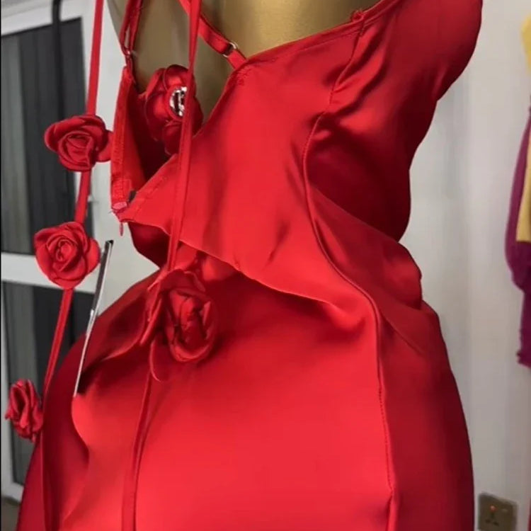 CM.YAYA Women Floral Applique Sleeveless Strap Midi A-line Dress 2025 Summer Holiday Birthday Sexy Club Party Evening Dresses