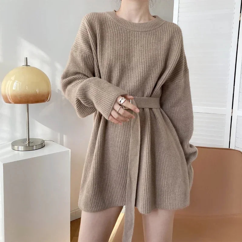 Autumn Winter Women's Long Sweater Dress with Blet Thick O Neck Knitted Pullovers Lady Korea Fashion Oversize Sweater Women