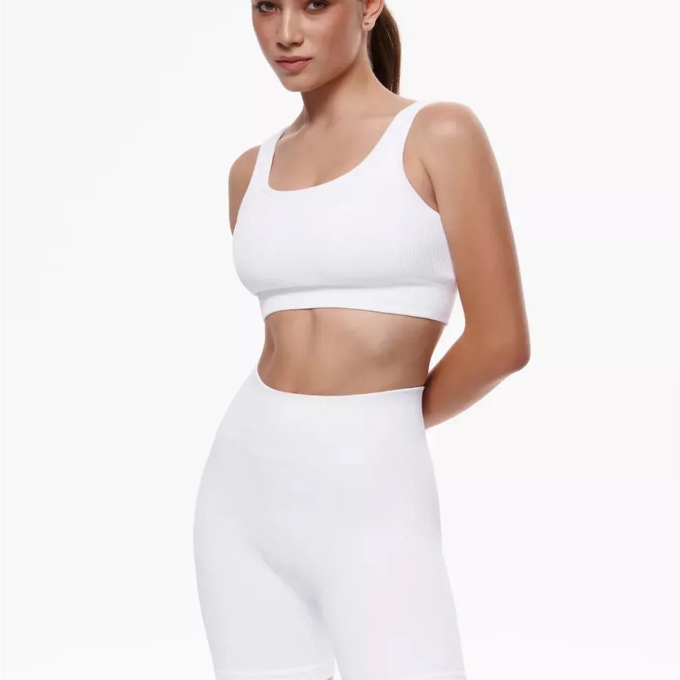 Summer White Gym Clothing Ribbed Sports Shorts Set Fitness Suit Sportswear Women Yoga Set Seamless High Waist Shorts Outfit wear white