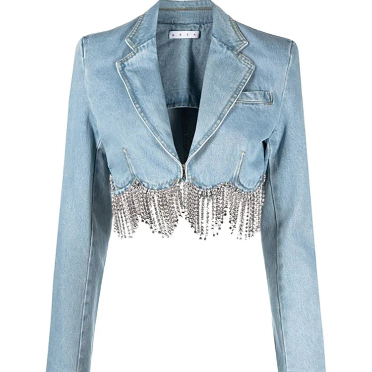 DEAT Women Notched Collar Diamond Tassel Short Denim Coat High Waist Butterfly Hollow Out Jeans Summer New Fashion 29L2717