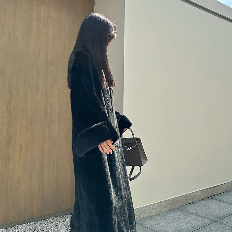 Lautaro Autumn Winter Long Luxury Elegant Chic Soft Thick Warm Brown Hairy Faux Mink Fur Coat Women V Neck Fluffy Overcoat 2024