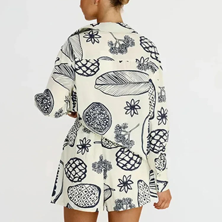 Foridol Fruit Printed Pockets Casual Shirt+shorts Set Outfits Matching Set Summer Women Spring Beach Oversize White Set