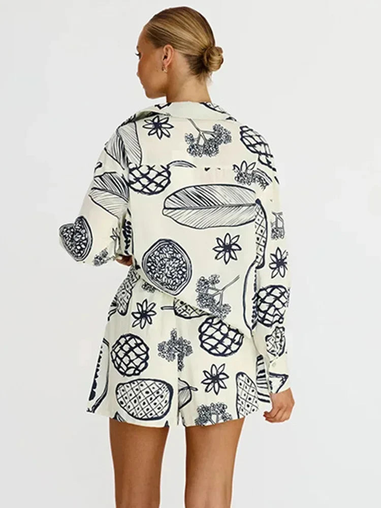 Foridol Fruit Printed Pockets Casual Shirt+shorts Set Outfits Matching Set Summer Women Spring Beach Oversize White Set